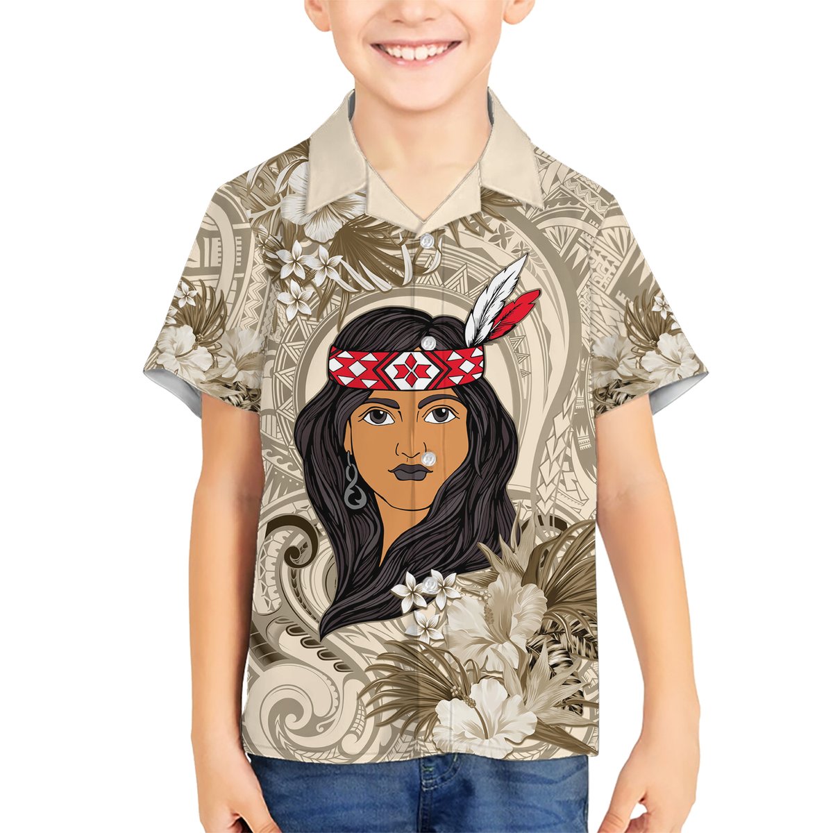 Personalized New Zealand Women's Day Hawaiian Shirt Maori Girl Feathers of Hope - Beige LT9 - Polynesian Pride