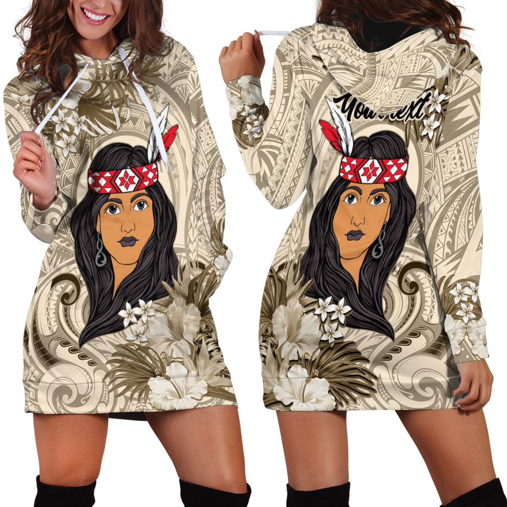 Personalized New Zealand Women's Day Hoodie Dress Maori Girl Feathers of Hope - Beige LT9 - Polynesian Pride