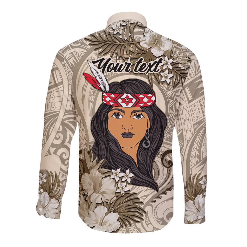 Personalized New Zealand Women's Day Long Sleeve Button Shirt Maori Girl Feathers of Hope - Beige LT9 - Polynesian Pride