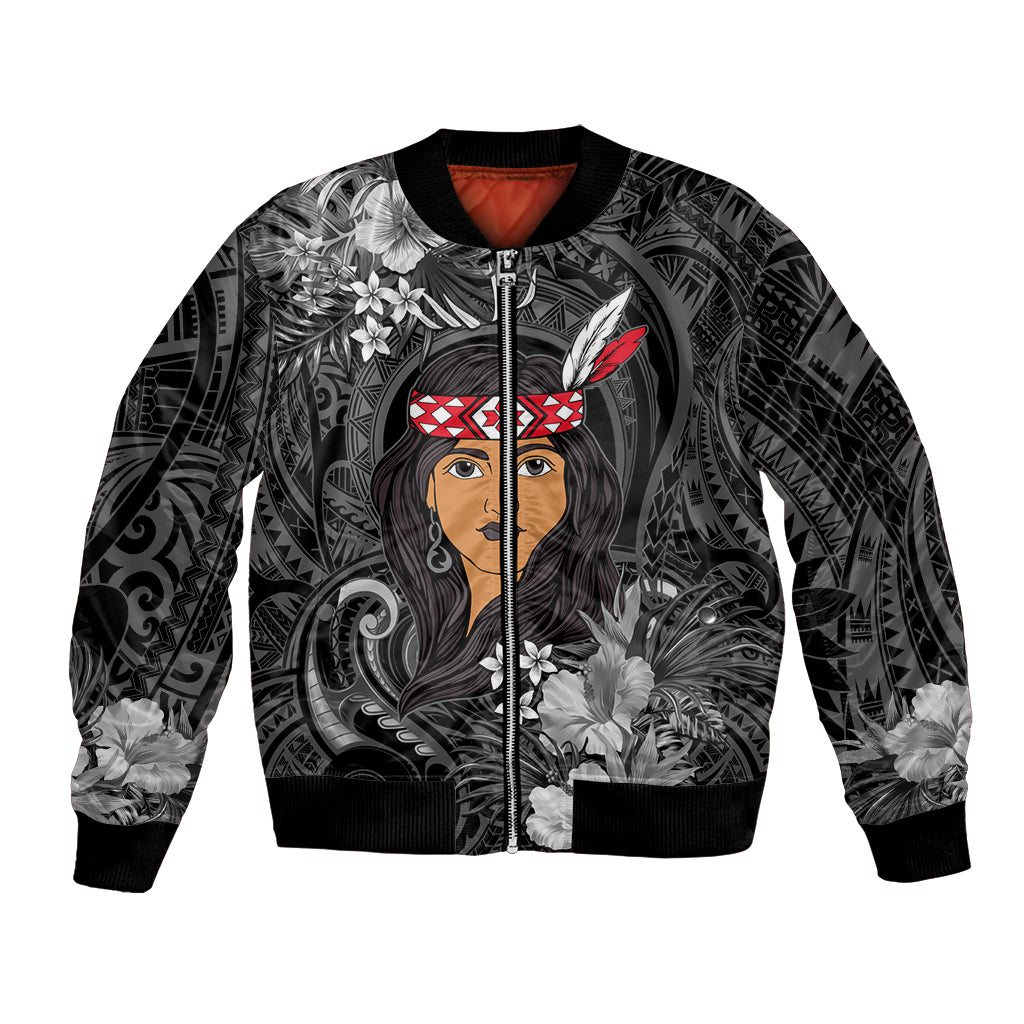New Zealand Custom Women's Day Bomber Jacket Maori Girl Feathers of Hope - Black LT9 Unisex Black - Polynesian Pride