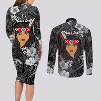 New Zealand Custom Women's Day Couples Matching Long Sleeve Bodycon Dress and Long Sleeve Button Shirt Maori Girl Feathers of Hope - Black LT9 - Polynesian Pride