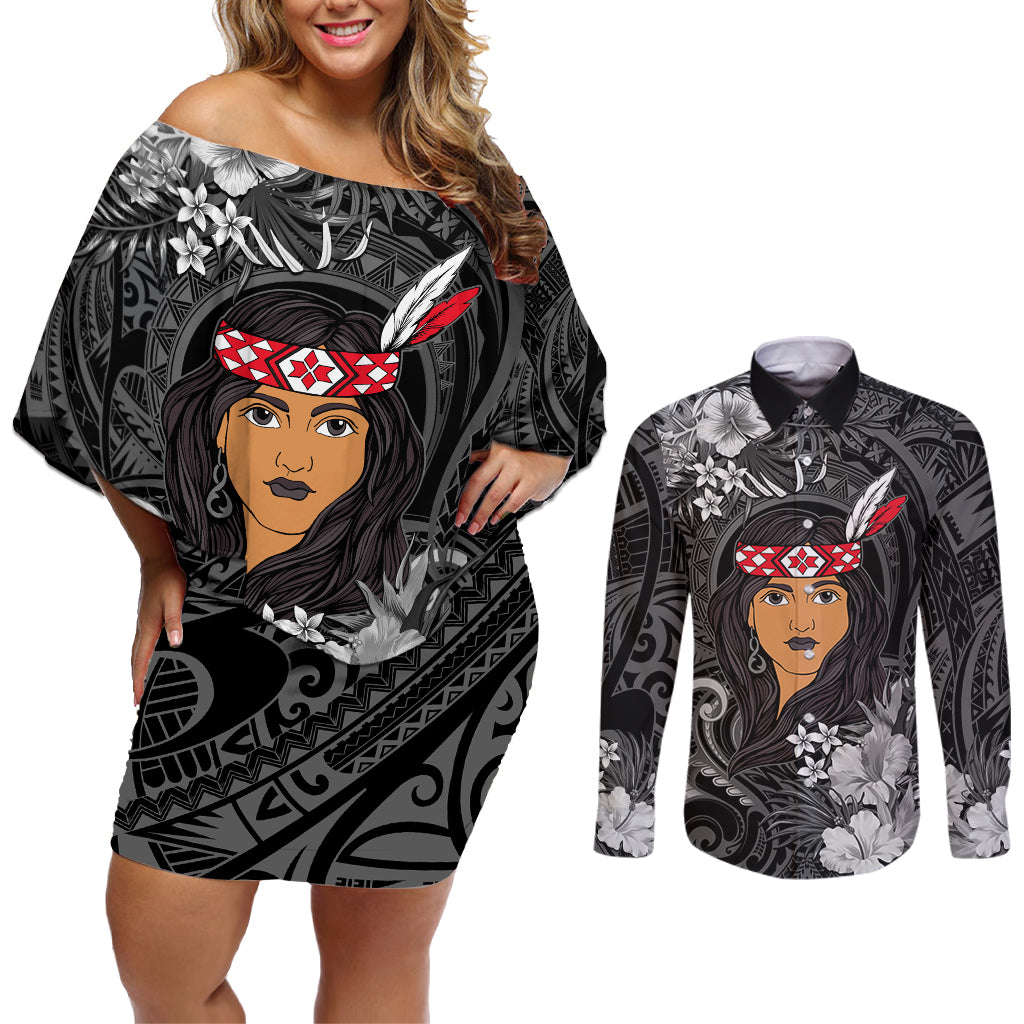 New Zealand Custom Women's Day Couples Matching Off Shoulder Short Dress and Long Sleeve Button Shirt Maori Girl Feathers of Hope - Black LT9 Black - Polynesian Pride