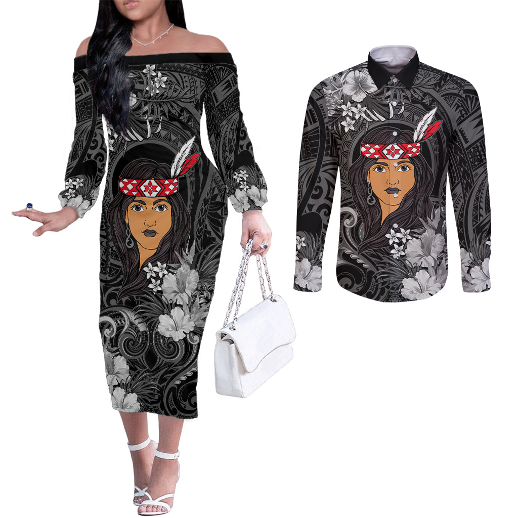 New Zealand Custom Women's Day Couples Matching Off The Shoulder Long Sleeve Dress and Long Sleeve Button Shirt Maori Girl Feathers of Hope - Black LT9 Black - Polynesian Pride