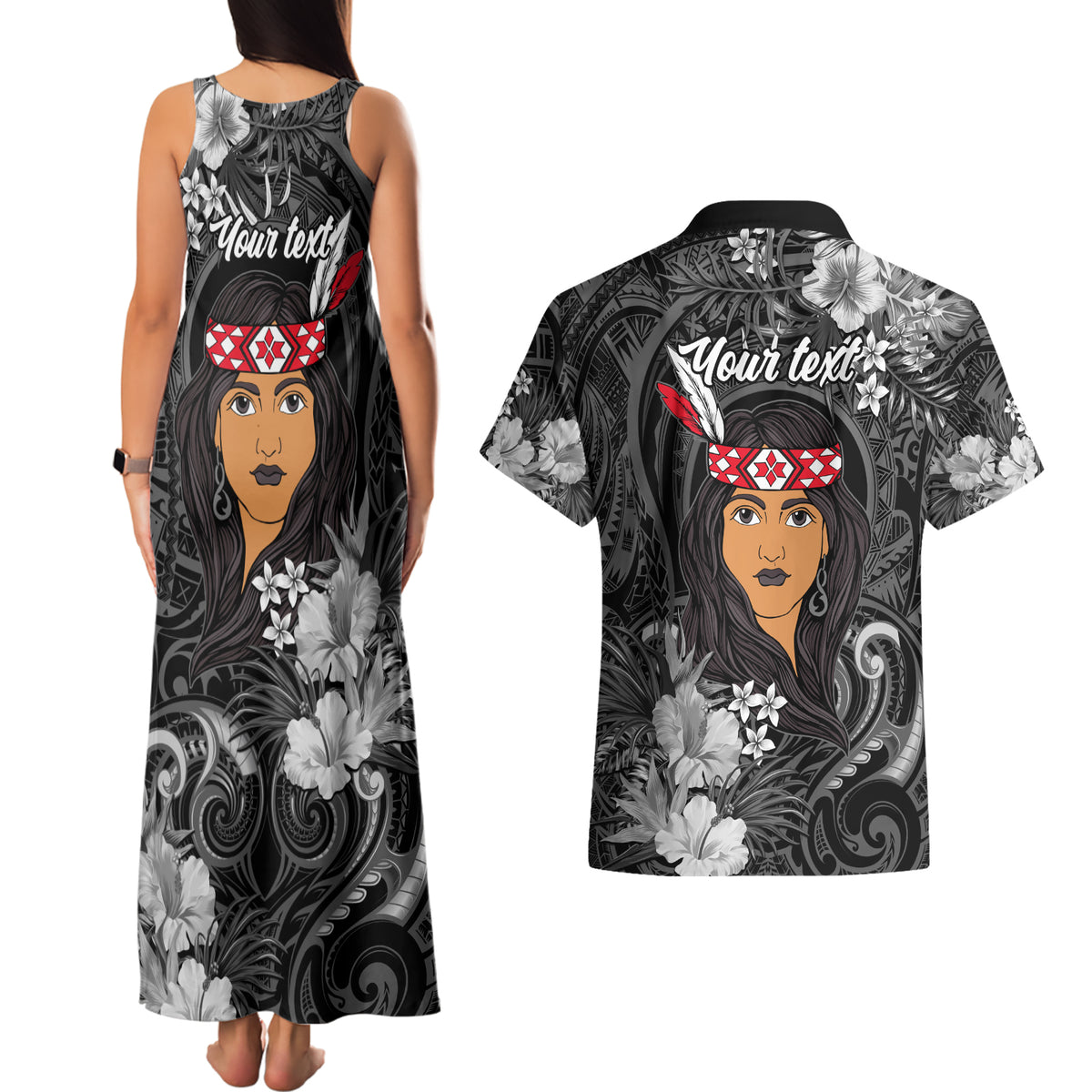 New Zealand Custom Women's Day Couples Matching Tank Maxi Dress and Hawaiian Shirt Maori Girl Feathers of Hope - Black LT9 - Polynesian Pride