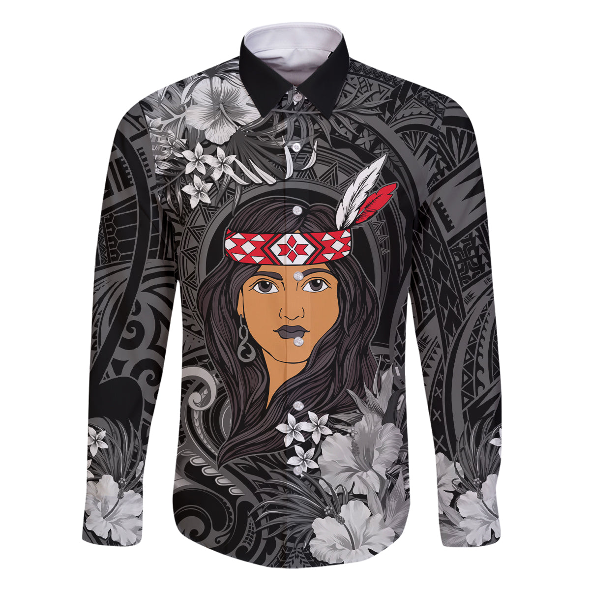 New Zealand Custom Women's Day Family Matching Long Sleeve Bodycon Dress and Hawaiian Shirt Maori Girl Feathers of Hope - Black LT9 Dad's Shirt - Long Sleeve Black - Polynesian Pride