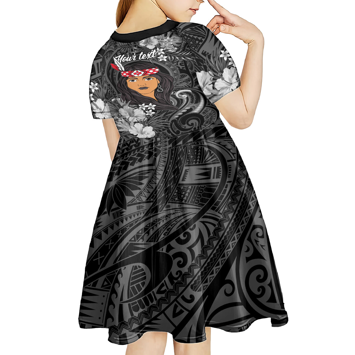 New Zealand Custom Women's Day Kid Short Sleeve Dress Maori Girl Feathers of Hope - Black LT9 - Polynesian Pride