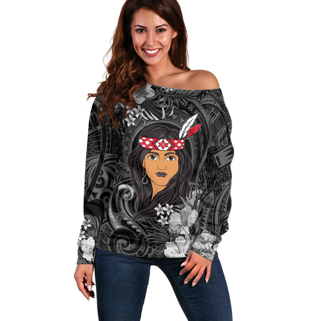 New Zealand Custom Women's Day Off Shoulder Sweater Maori Girl Feathers of Hope - Black LT9 Women Black - Polynesian Pride