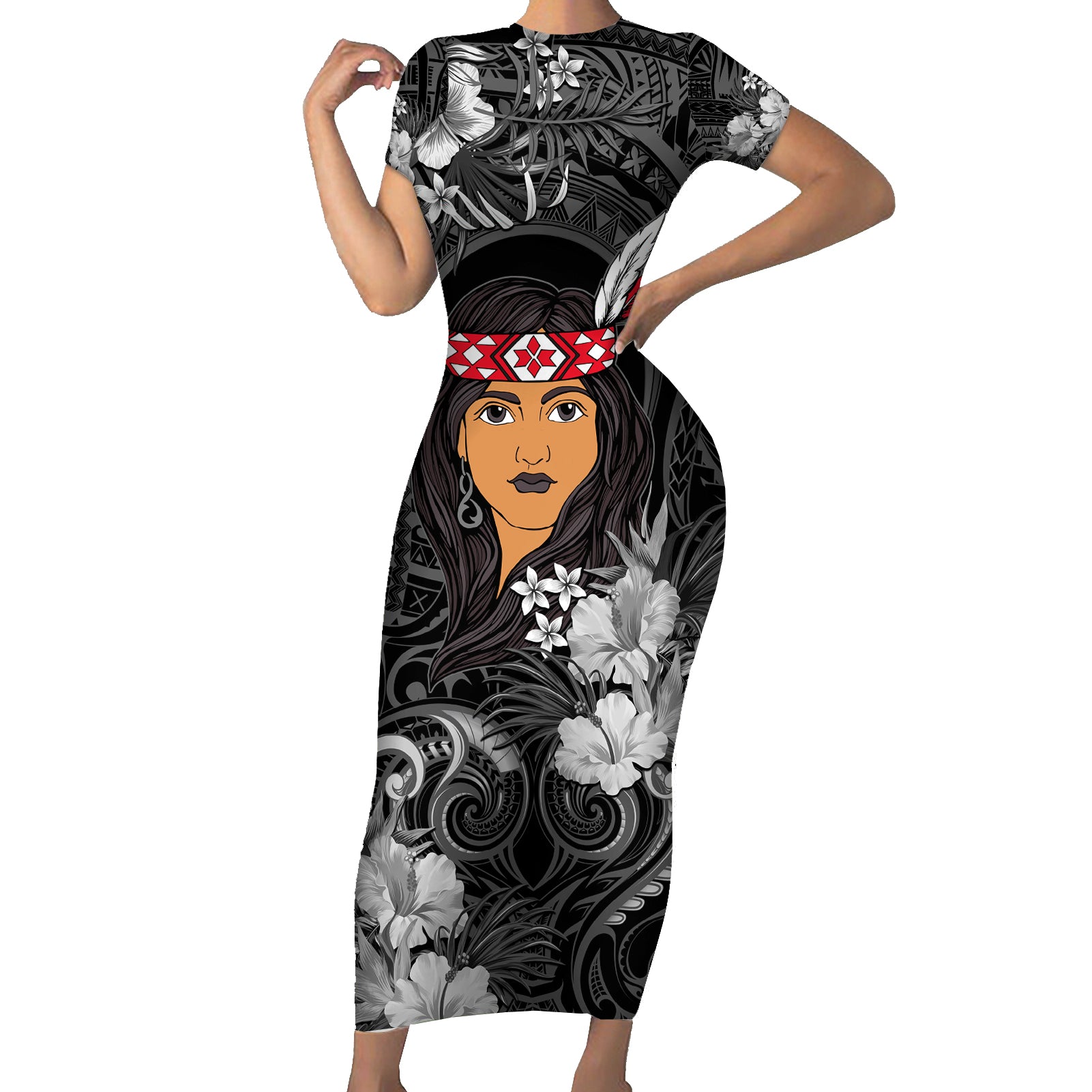 New Zealand Custom Women's Day Short Sleeve Bodycon Dress Maori Girl Feathers of Hope - Black LT9 Long Dress Black - Polynesian Pride