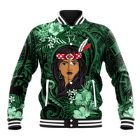 New Zealand Custom Women's Day Baseball Jacket Maori Girl Feathers of Hope - Green LT9 Unisex Green - Polynesian Pride