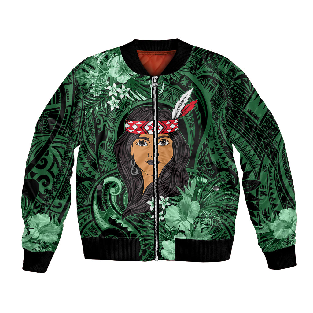 New Zealand Custom Women's Day Bomber Jacket Maori Girl Feathers of Hope - Green LT9 Unisex Green - Polynesian Pride
