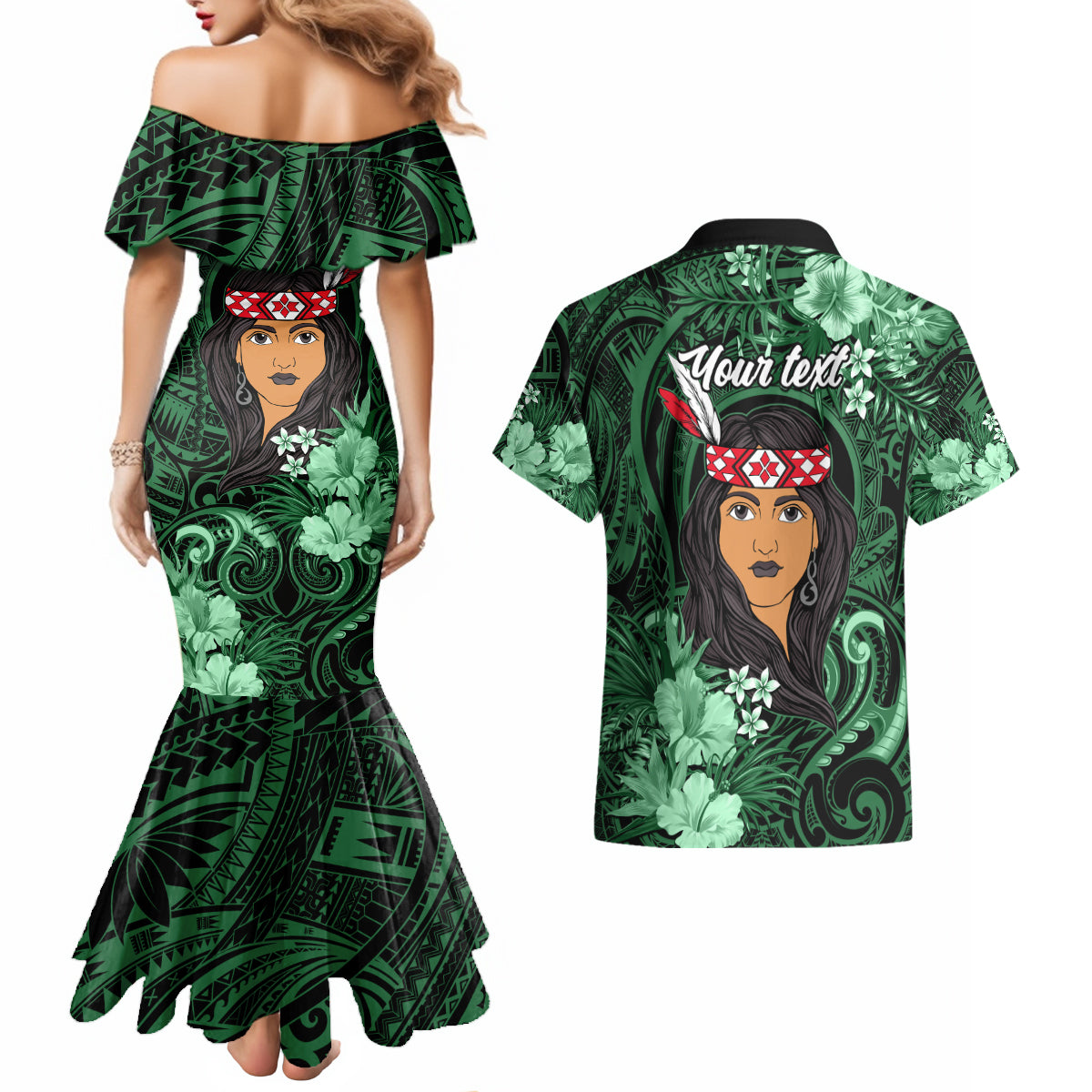 New Zealand Custom Women's Day Couples Matching Mermaid Dress and Hawaiian Shirt Maori Girl Feathers of Hope - Green LT9 - Polynesian Pride