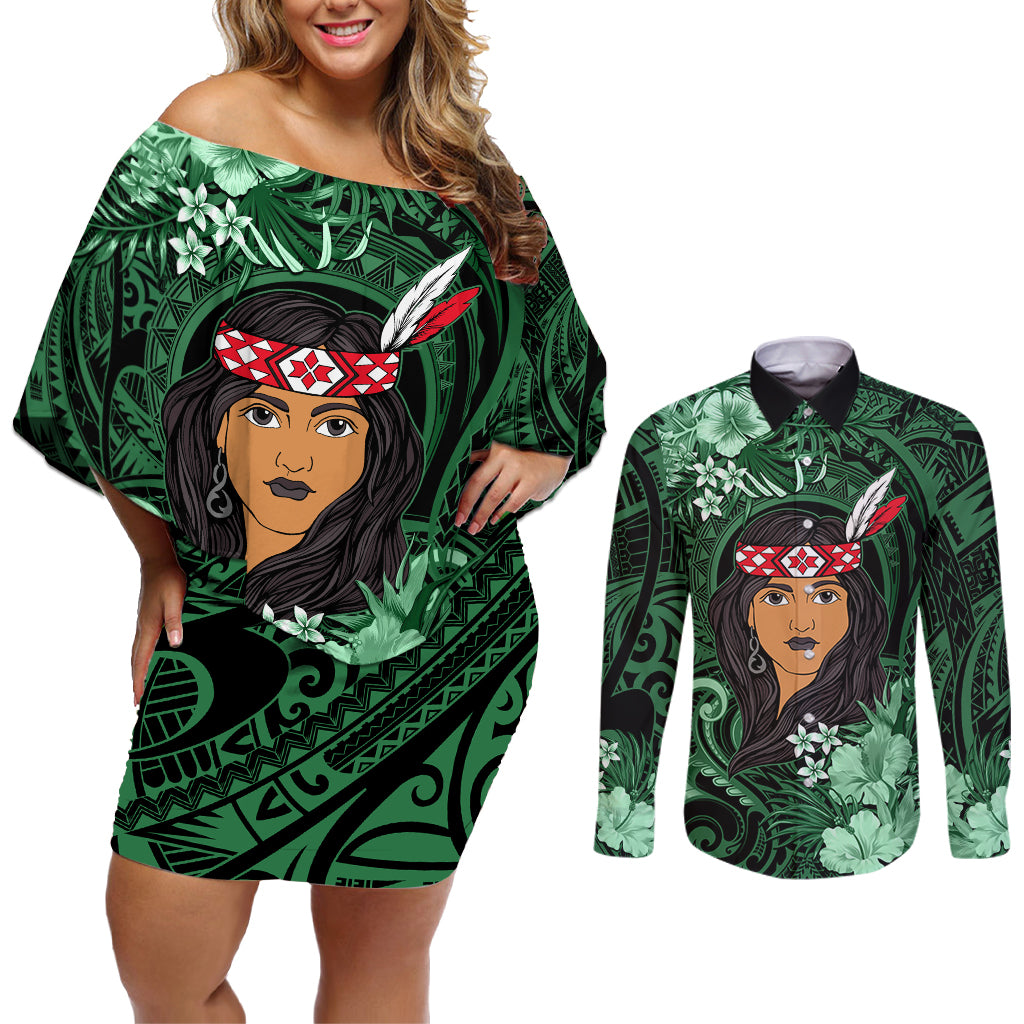 New Zealand Custom Women's Day Couples Matching Off Shoulder Short Dress and Long Sleeve Button Shirt Maori Girl Feathers of Hope - Green LT9 Green - Polynesian Pride