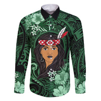 New Zealand Custom Women's Day Family Matching Off Shoulder Short Dress and Hawaiian Shirt Maori Girl Feathers of Hope - Green LT9 Dad's Shirt - Long Sleeve Green - Polynesian Pride