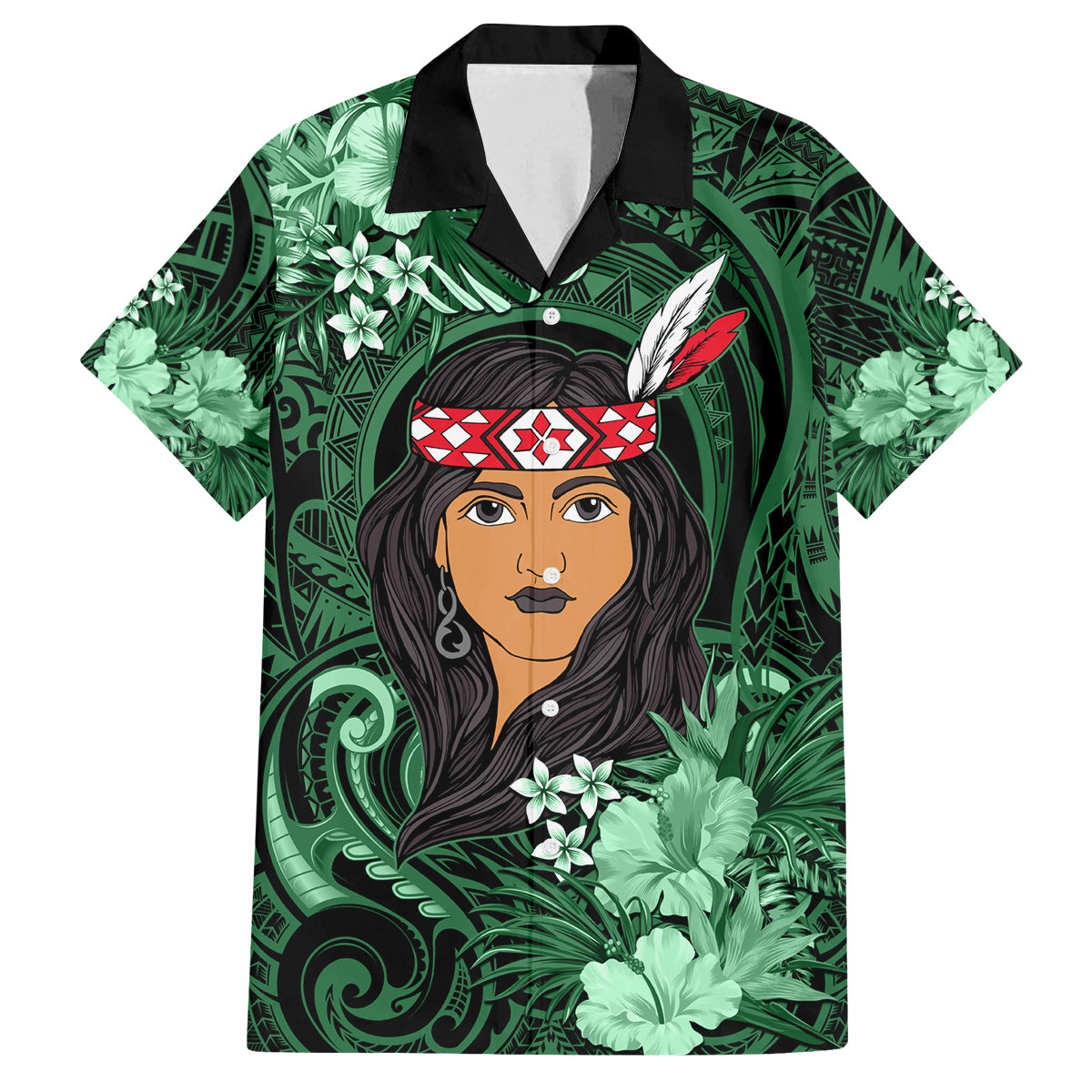 New Zealand Custom Women's Day Family Matching Summer Maxi Dress and Hawaiian Shirt Maori Girl Feathers of Hope - Green LT9 Dad's Shirt - Short Sleeve Green - Polynesian Pride
