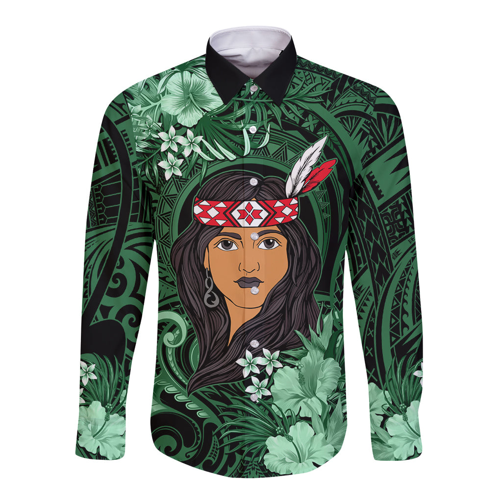 New Zealand Custom Women's Day Long Sleeve Button Shirt Maori Girl Feathers of Hope - Green LT9 Unisex Green - Polynesian Pride