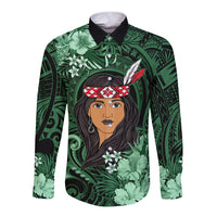 New Zealand Custom Women's Day Long Sleeve Button Shirt Maori Girl Feathers of Hope - Green LT9 Unisex Green - Polynesian Pride