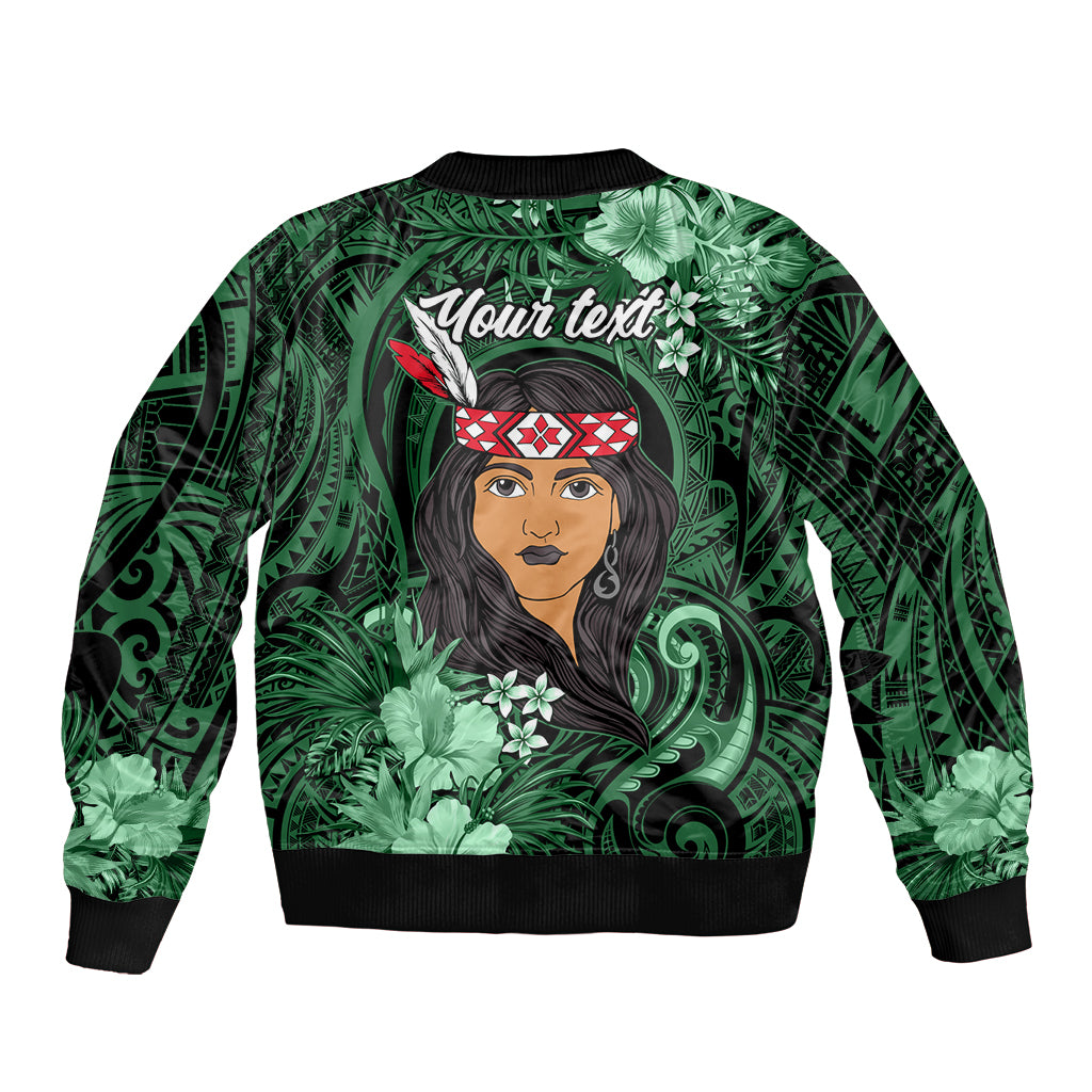 New Zealand Custom Women's Day Sleeve Zip Bomber Jacket Maori Girl Feathers of Hope - Green LT9 - Polynesian Pride