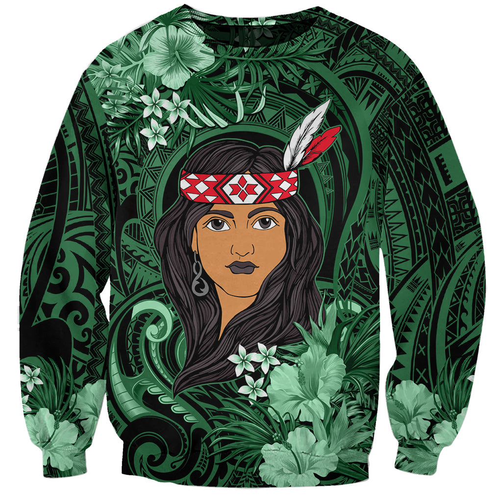 New Zealand Custom Women's Day Sweatshirt Maori Girl Feathers of Hope - Green LT9 Unisex Green - Polynesian Pride