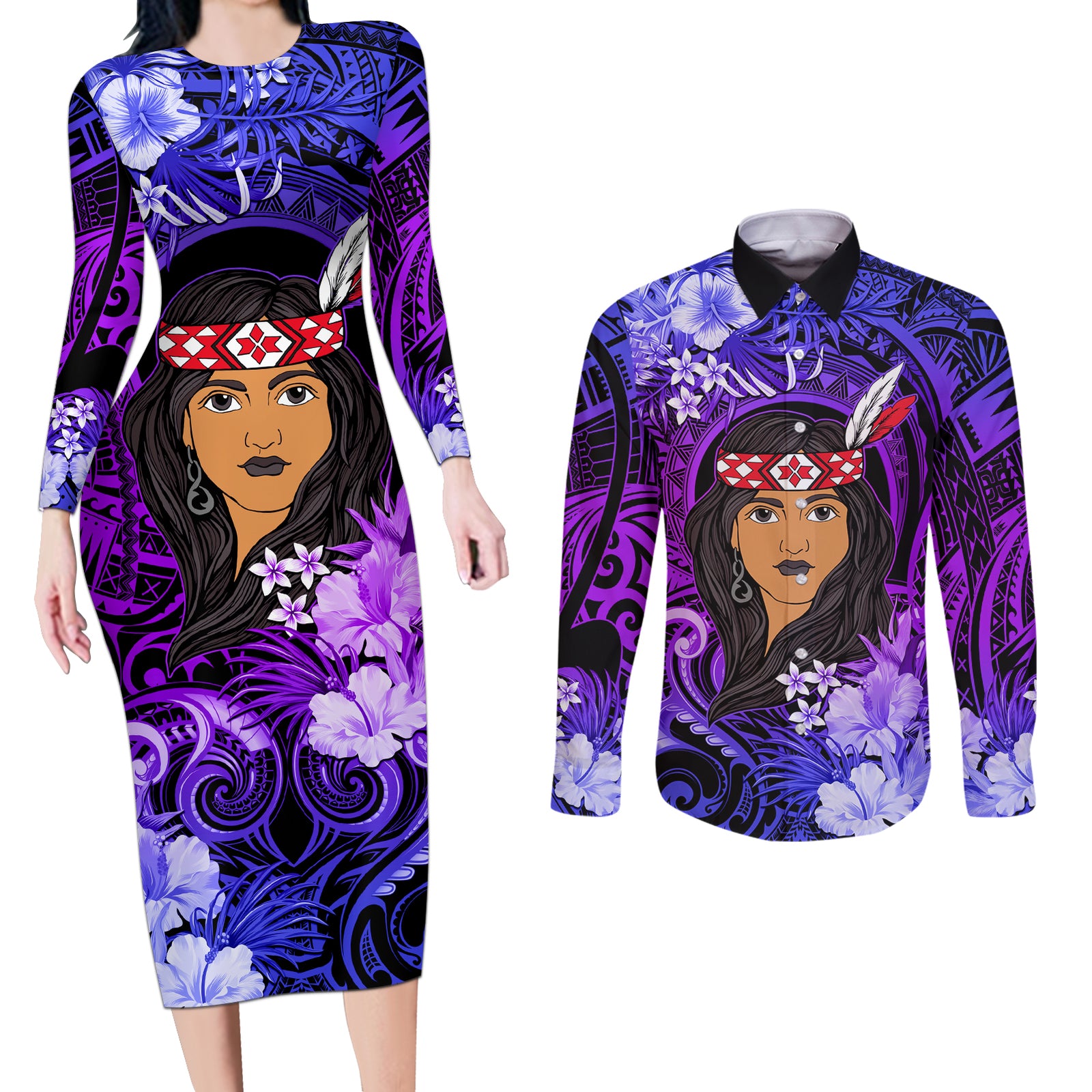 New Zealand Custom Women's Day Couples Matching Long Sleeve Bodycon Dress and Long Sleeve Button Shirt Maori Girl Feathers of Hope - Purple LT9 Purple - Polynesian Pride