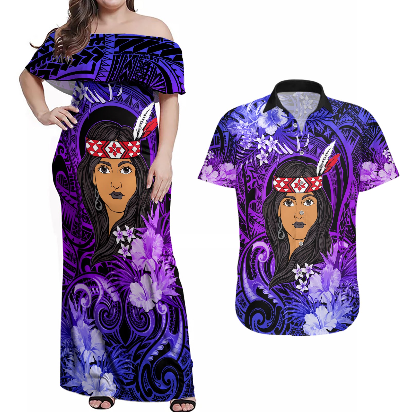 New Zealand Custom Women's Day Couples Matching Off Shoulder Maxi Dress and Hawaiian Shirt Maori Girl Feathers of Hope - Purple LT9 Purple - Polynesian Pride