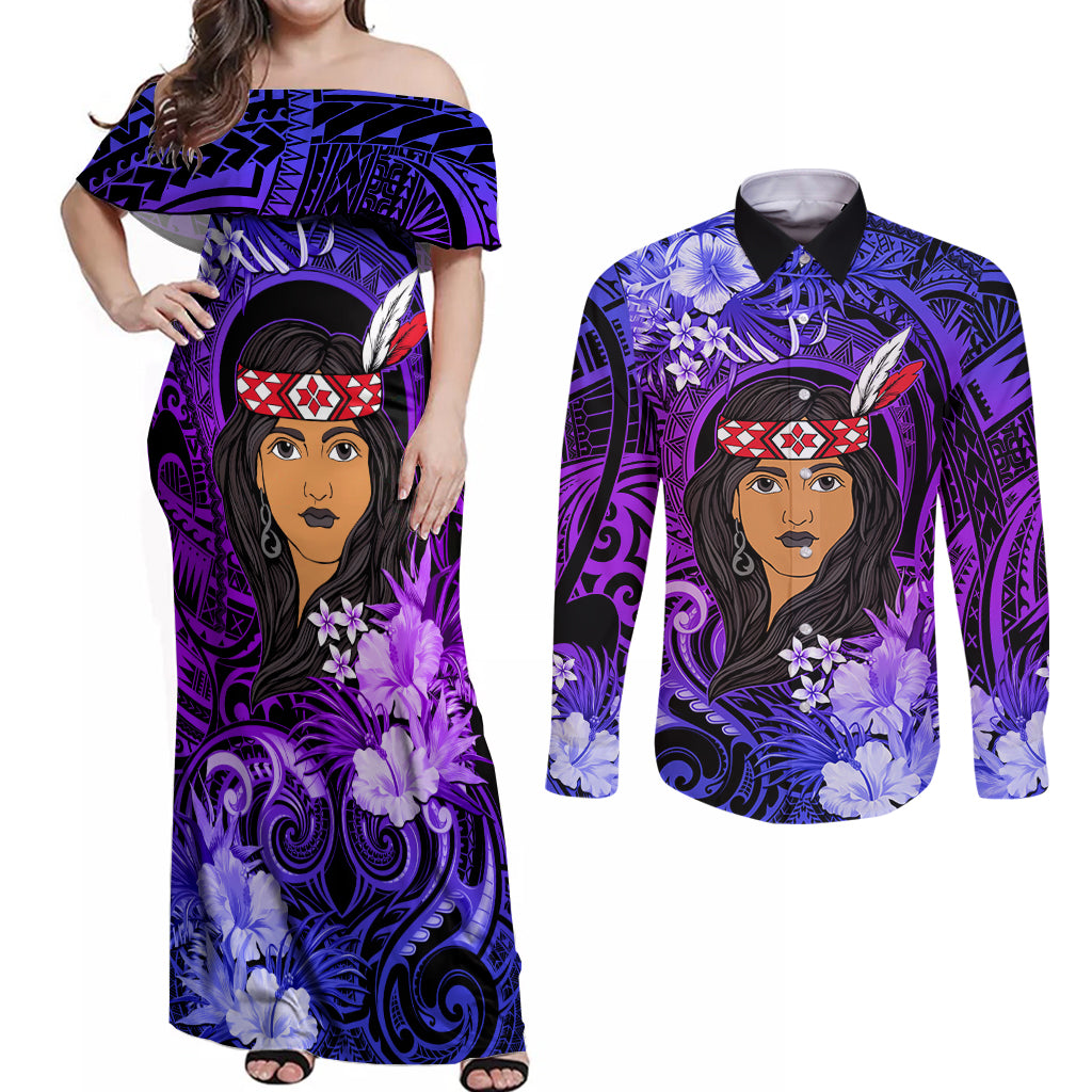 New Zealand Custom Women's Day Couples Matching Off Shoulder Maxi Dress and Long Sleeve Button Shirt Maori Girl Feathers of Hope - Purple LT9 Purple - Polynesian Pride