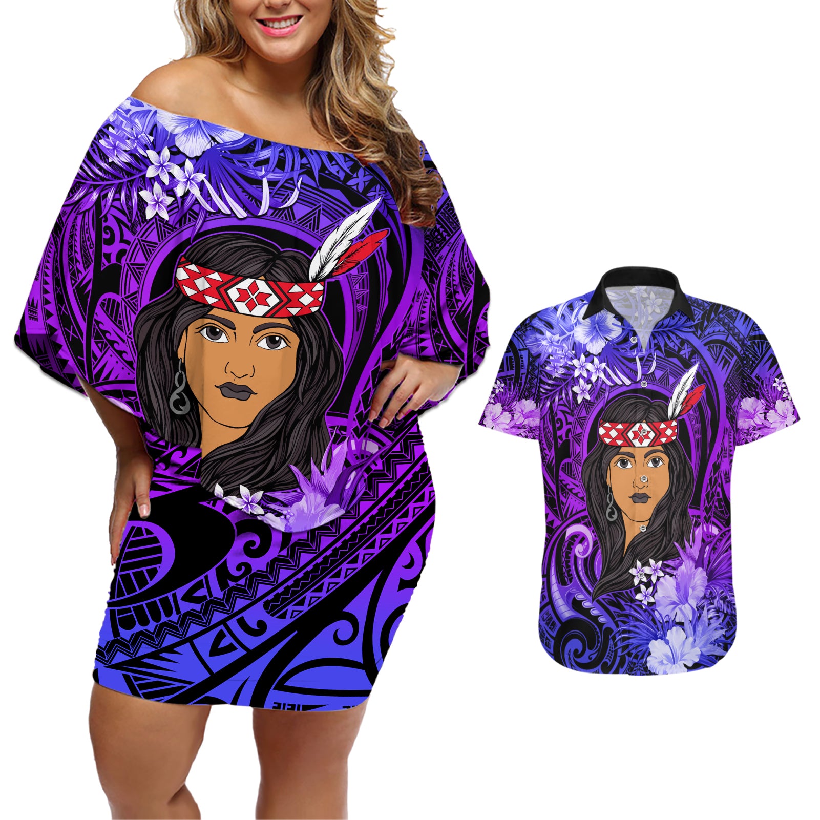 New Zealand Custom Women's Day Couples Matching Off Shoulder Short Dress and Hawaiian Shirt Maori Girl Feathers of Hope - Purple LT9 Purple - Polynesian Pride