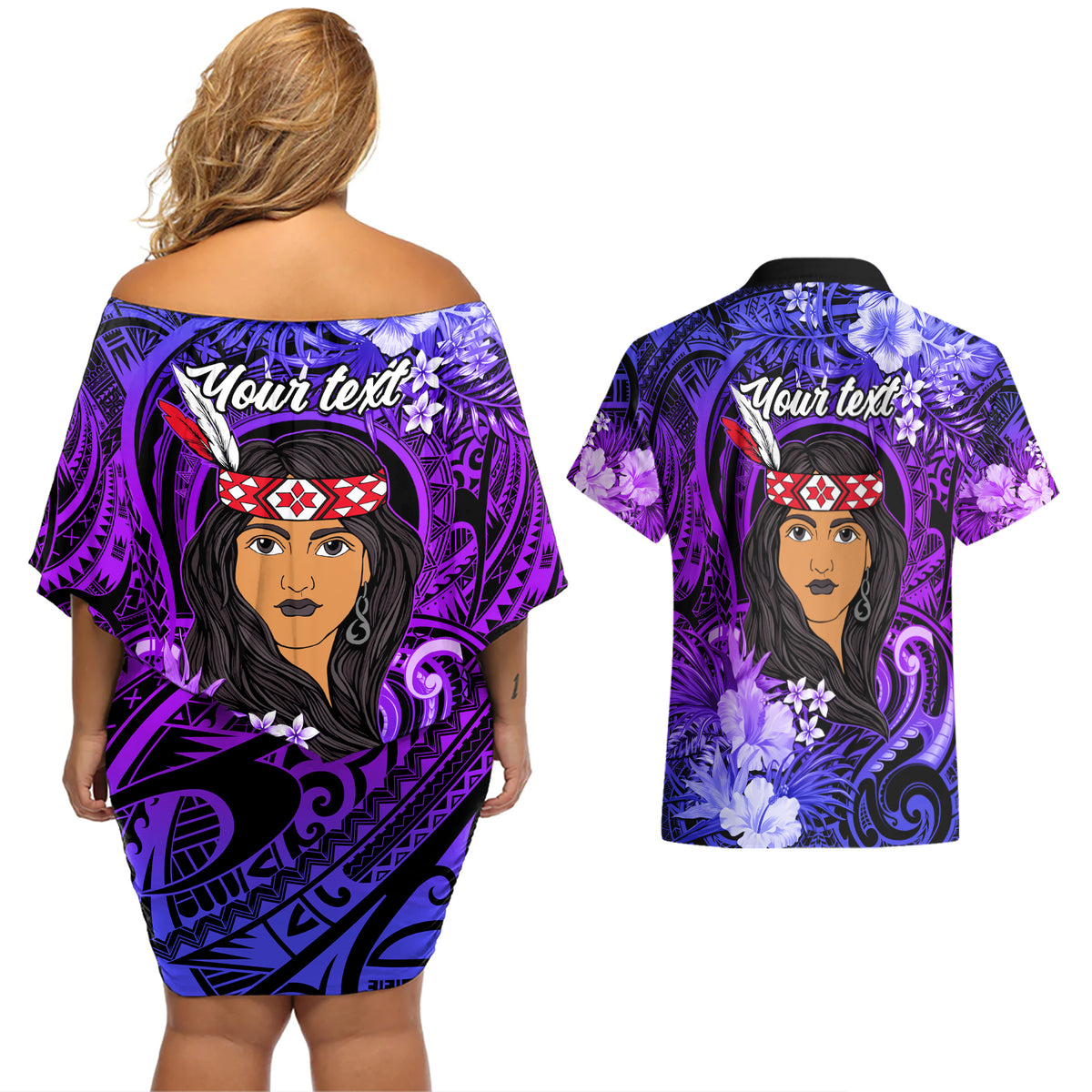 New Zealand Custom Women's Day Couples Matching Off Shoulder Short Dress and Hawaiian Shirt Maori Girl Feathers of Hope - Purple LT9 - Polynesian Pride