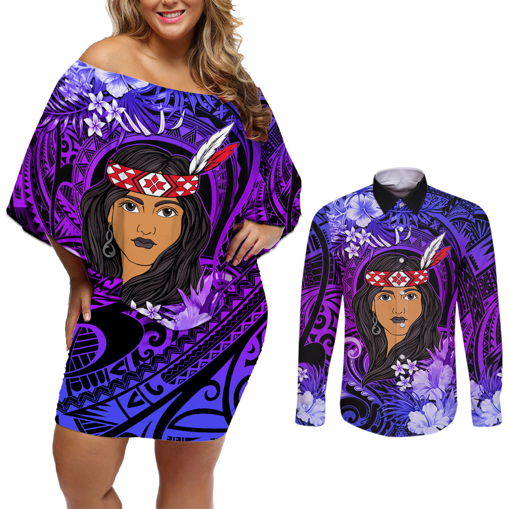 New Zealand Custom Women's Day Couples Matching Off Shoulder Short Dress and Long Sleeve Button Shirt Maori Girl Feathers of Hope - Purple LT9 Purple - Polynesian Pride