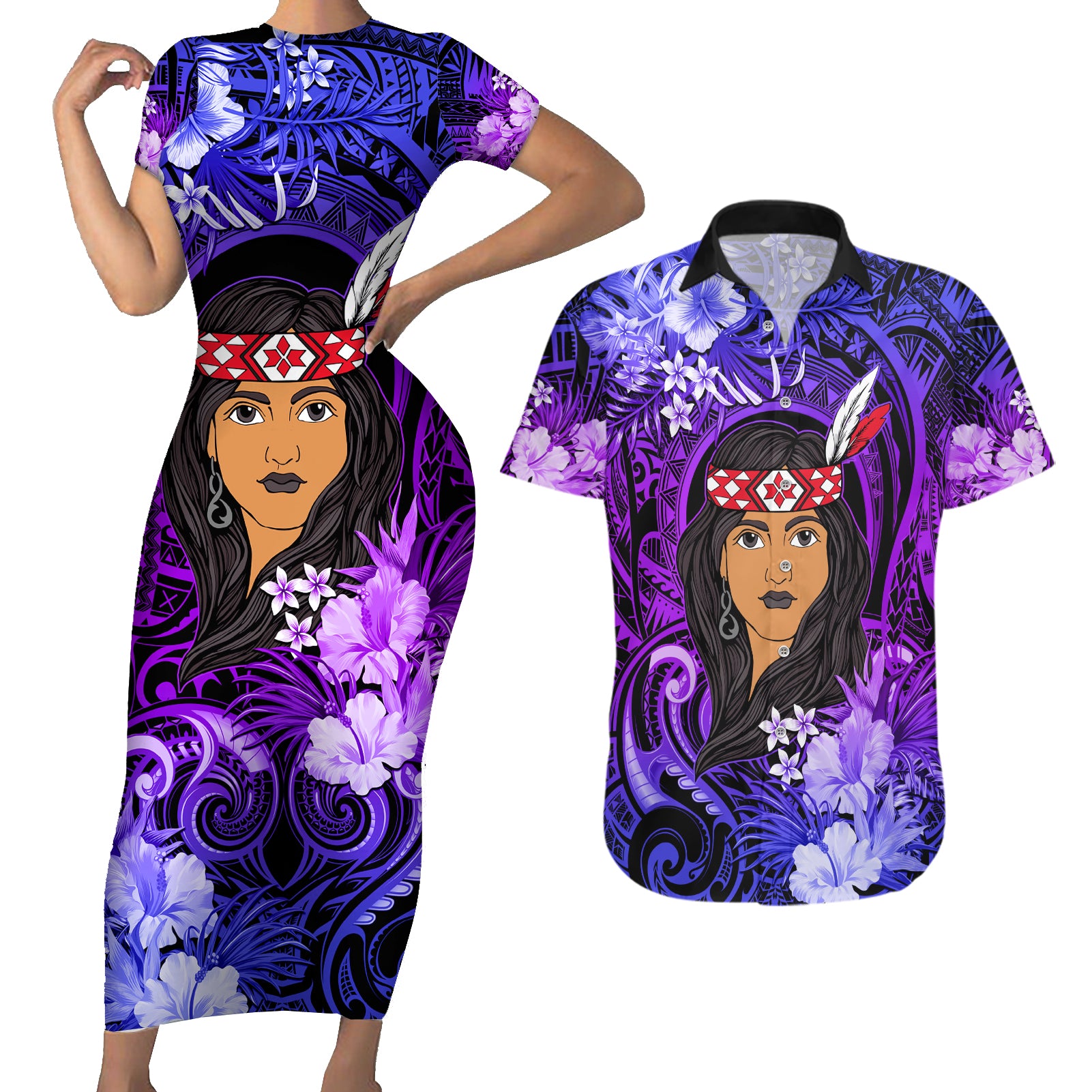 New Zealand Custom Women's Day Couples Matching Short Sleeve Bodycon Dress and Hawaiian Shirt Maori Girl Feathers of Hope - Purple LT9 Purple - Polynesian Pride