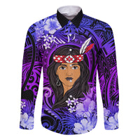 New Zealand Custom Women's Day Family Matching Long Sleeve Bodycon Dress and Hawaiian Shirt Maori Girl Feathers of Hope - Purple LT9 Dad's Shirt - Long Sleeve Purple - Polynesian Pride
