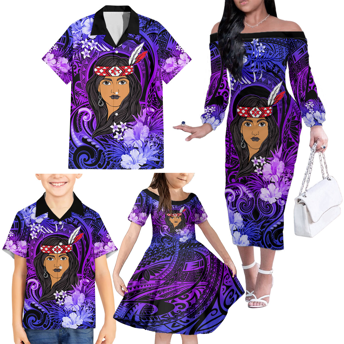 New Zealand Custom Women's Day Family Matching Off Shoulder Long Sleeve Dress and Hawaiian Shirt Maori Girl Feathers of Hope - Purple LT9 - Polynesian Pride