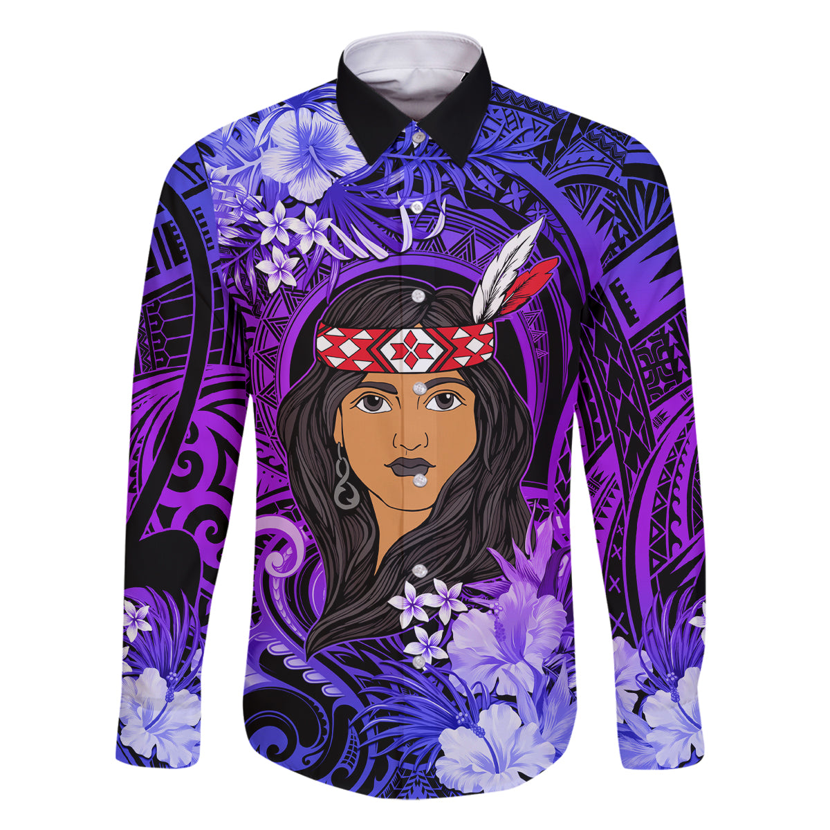 New Zealand Custom Women's Day Family Matching Off Shoulder Short Dress and Hawaiian Shirt Maori Girl Feathers of Hope - Purple LT9 Dad's Shirt - Long Sleeve Purple - Polynesian Pride