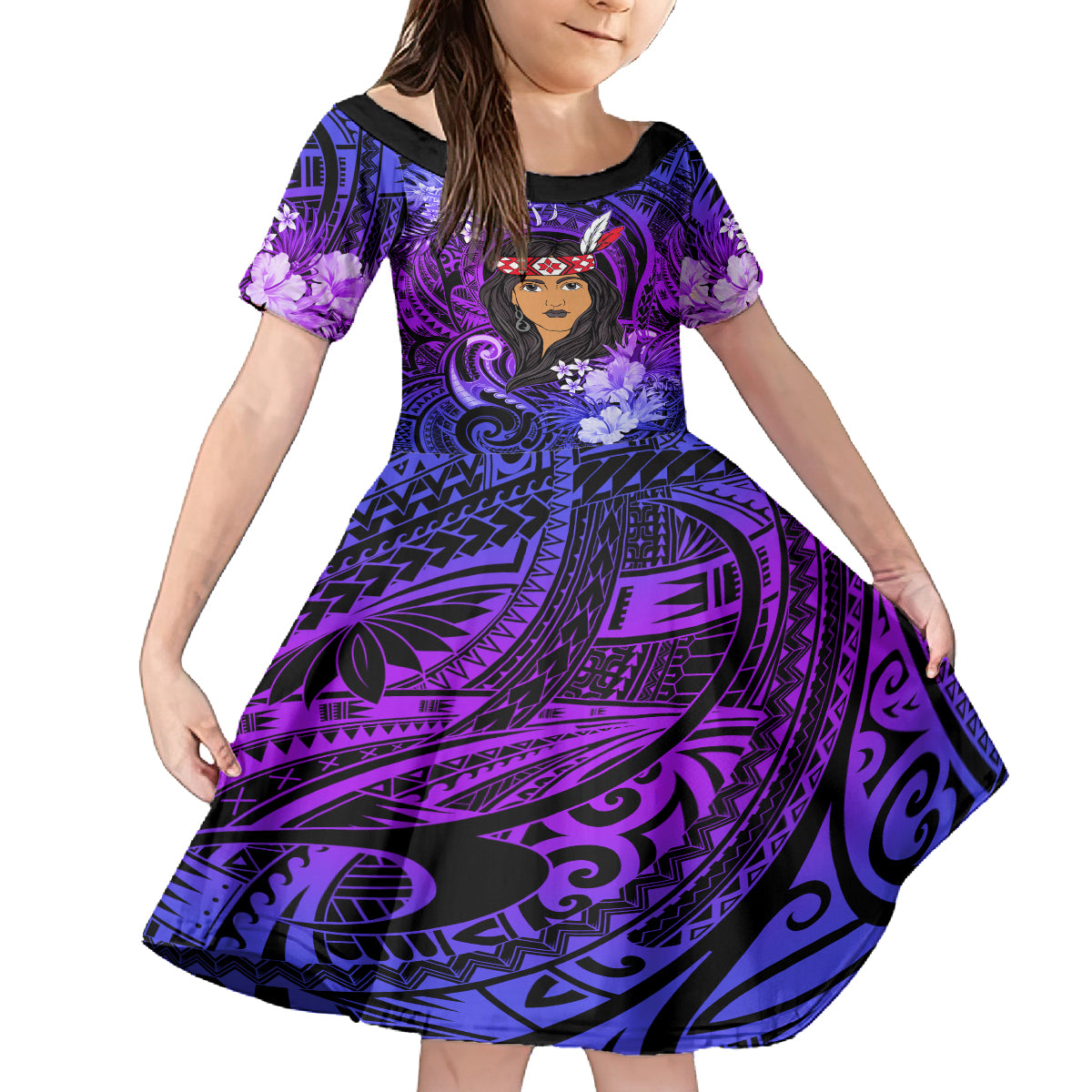New Zealand Custom Women's Day Family Matching Summer Maxi Dress and Hawaiian Shirt Maori Girl Feathers of Hope - Purple LT9 Daughter's Dress Purple - Polynesian Pride