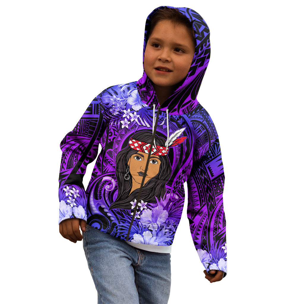 New Zealand Custom Women's Day Kid Hoodie Maori Girl Feathers of Hope - Purple LT9 - Polynesian Pride