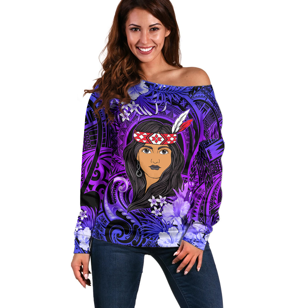 New Zealand Custom Women's Day Off Shoulder Sweater Maori Girl Feathers of Hope - Purple LT9 Women Purple - Polynesian Pride