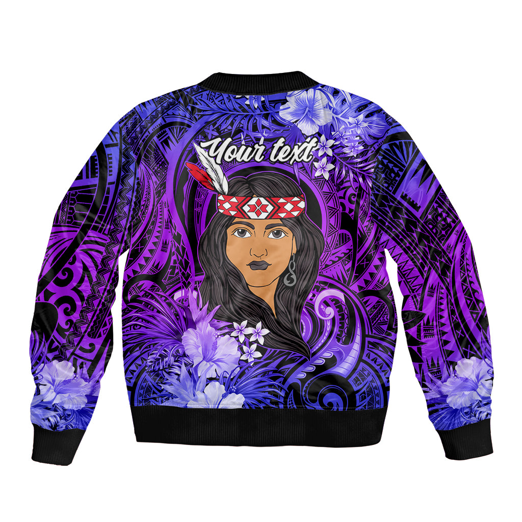 New Zealand Custom Women's Day Sleeve Zip Bomber Jacket Maori Girl Feathers of Hope - Purple LT9 - Polynesian Pride