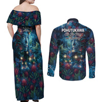 New Zealand Matariki Pohutukawa Couples Matching Off Shoulder Maxi Dress and Long Sleeve Button Shirt Te Mauri te Ora LT9 - Polynesian Pride