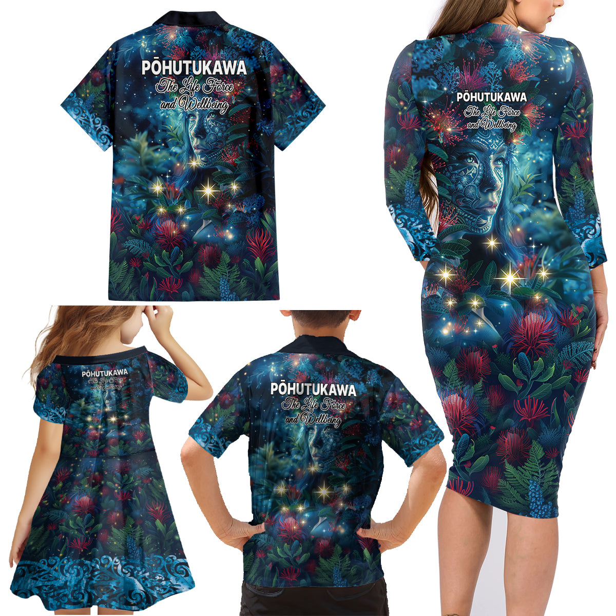 New Zealand Matariki Pohutukawa Family Matching Long Sleeve Bodycon Dress and Hawaiian Shirt Te Mauri te Ora LT9 - Polynesian Pride