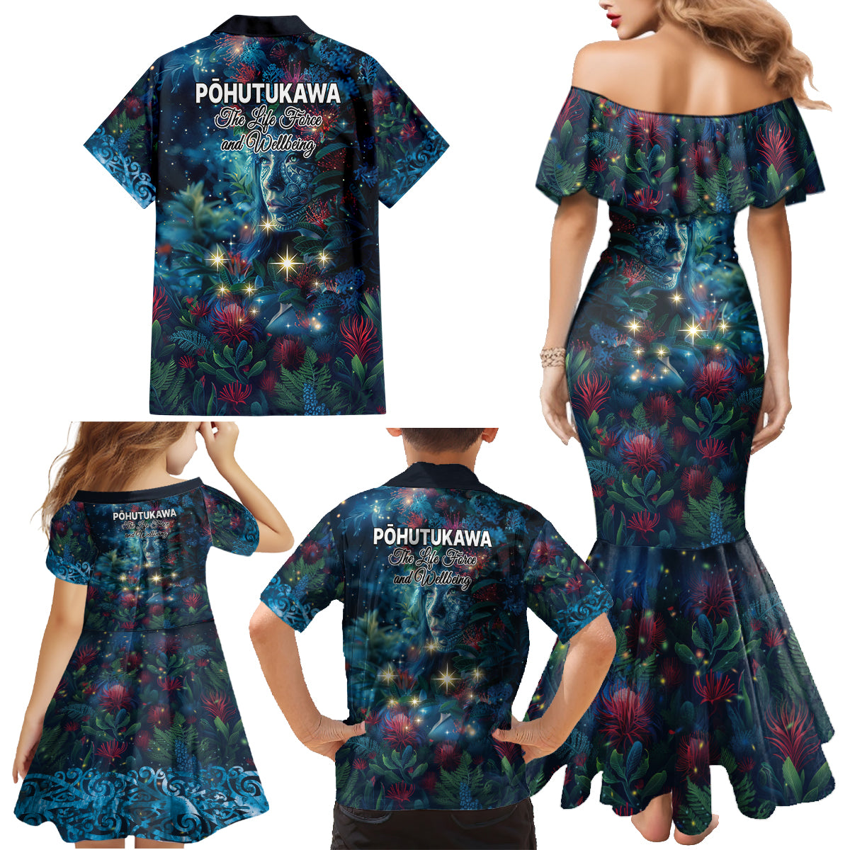 New Zealand Matariki Pohutukawa Family Matching Mermaid Dress and Hawaiian Shirt Te Mauri te Ora LT9 - Polynesian Pride