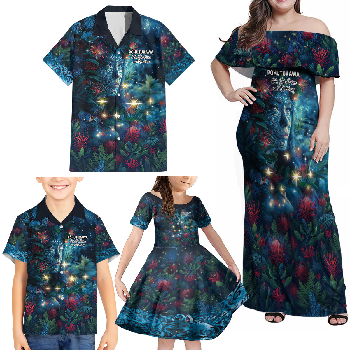 New Zealand Matariki Pohutukawa Family Matching Off Shoulder Maxi Dress and Hawaiian Shirt Te Mauri te Ora LT9 - Polynesian Pride
