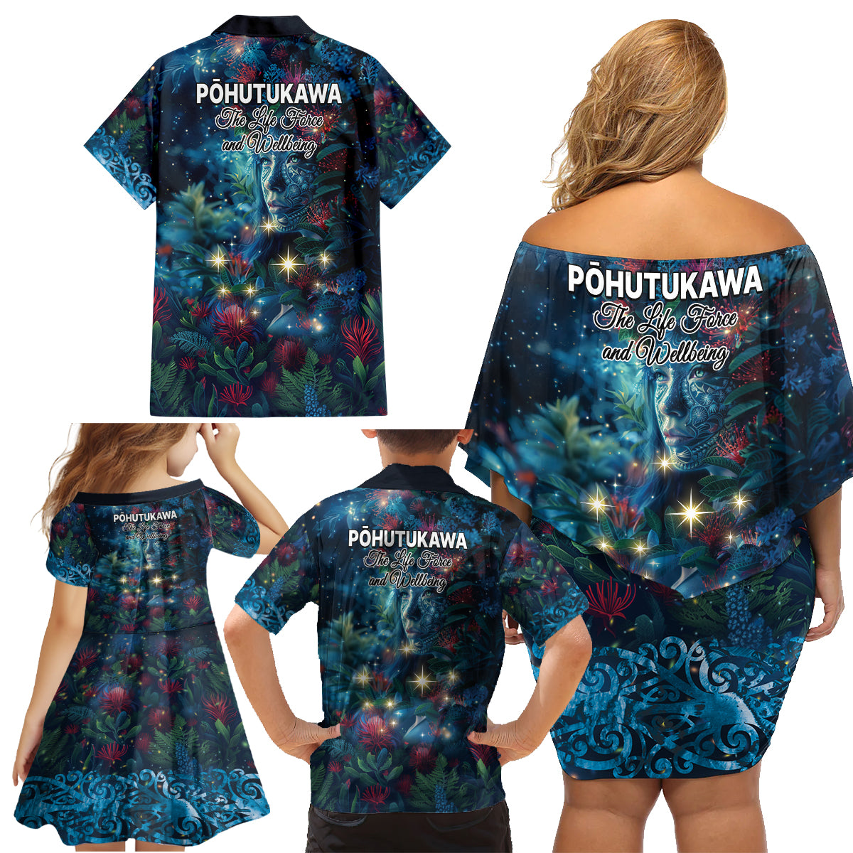 New Zealand Matariki Pohutukawa Family Matching Off Shoulder Short Dress and Hawaiian Shirt Te Mauri te Ora LT9 - Polynesian Pride