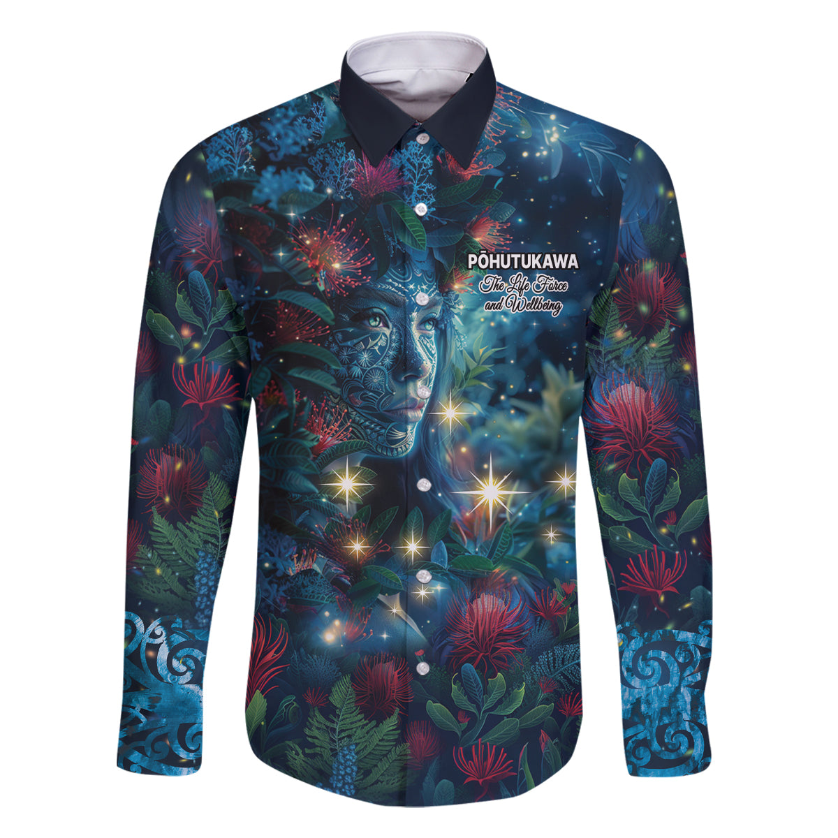 New Zealand Matariki Pohutukawa Family Matching Summer Maxi Dress and Hawaiian Shirt Te Mauri te Ora LT9 Dad's Shirt - Long Sleeve Art - Polynesian Pride