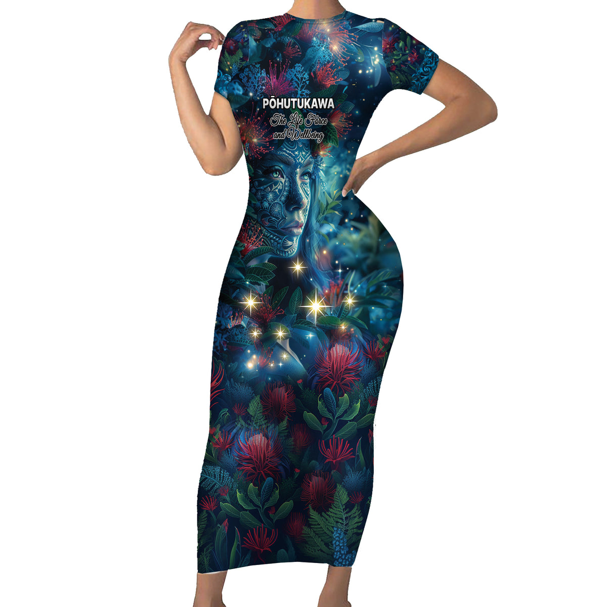 New Zealand Matariki Pohutukawa Short Sleeve Bodycon Dress Te Mauri te Ora LT9 Long Dress Art - Polynesian Pride