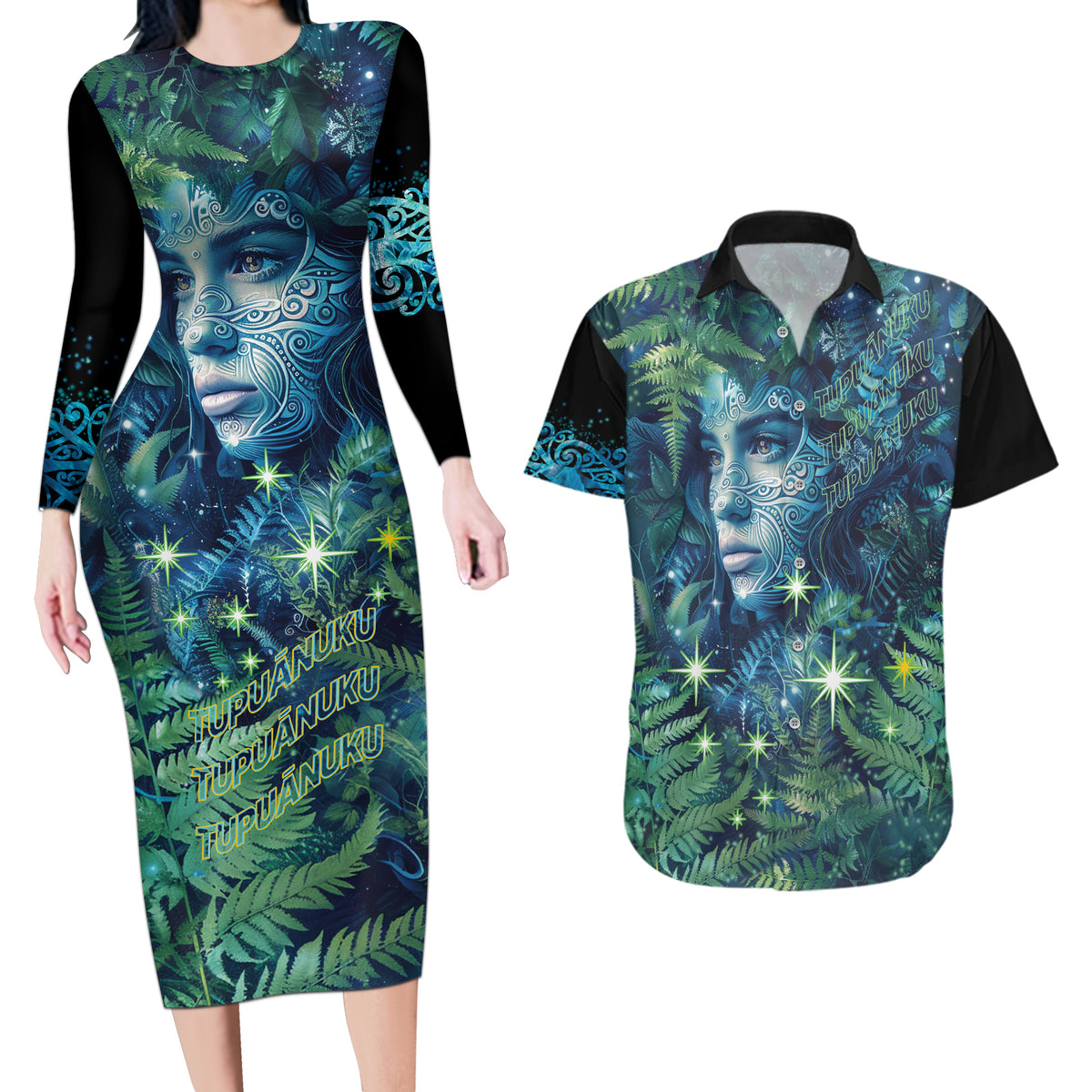 New Zealand Matariki Tupuanuku Couples Matching Long Sleeve Bodycon Dress and Hawaiian Shirt Te W o te Hauhake LT9 Art - Polynesian Pride