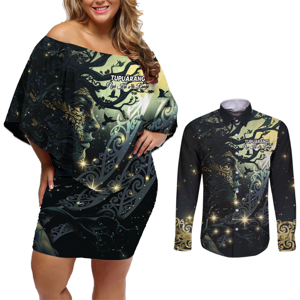 New Zealand Matariki Tupuarangi Couples Matching Off Shoulder Short Dress and Long Sleeve Button Shirt Ng Kai o te Rangi LT9 Art - Polynesian Pride