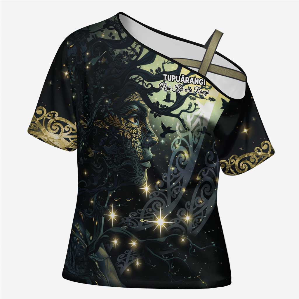 New Zealand Matariki Tupuarangi Cross Shoulder Shirt Ng Kai o te Rangi LT9 Female Black - Polynesian Pride