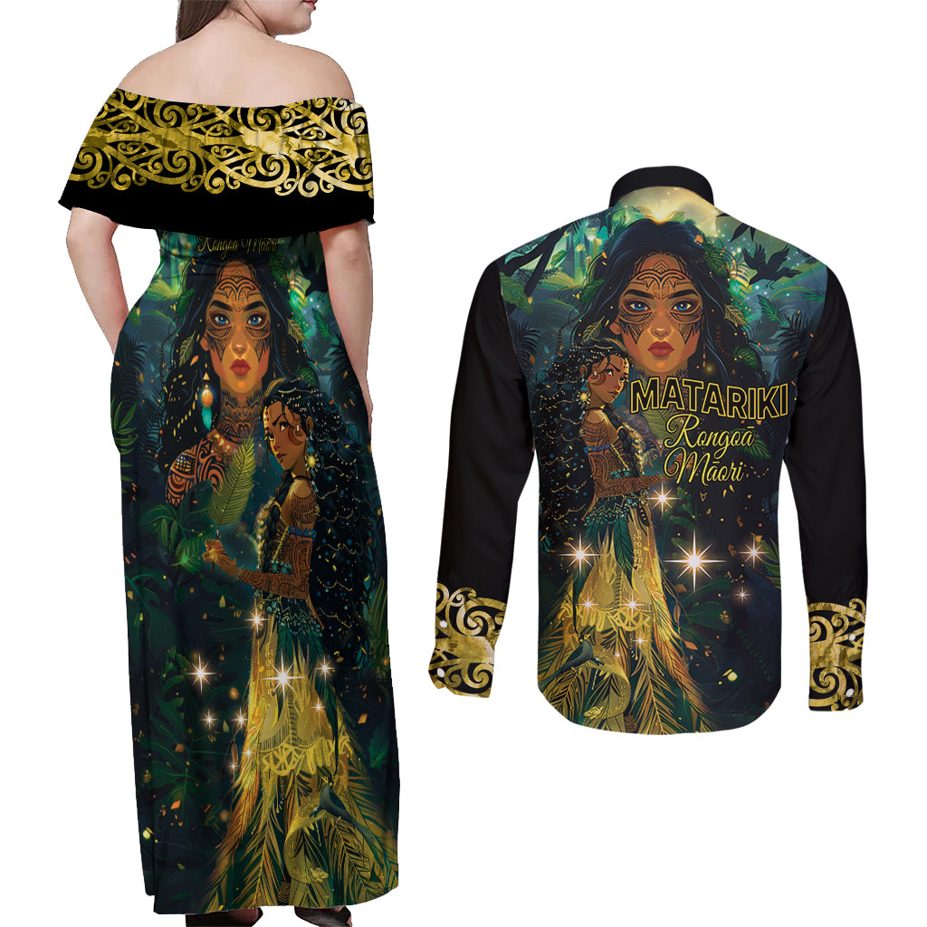 New Zealand Matariki Couples Matching Off Shoulder Maxi Dress and Long Sleeve Button Shirt Rongo Mori Wellbeing and Good Luck LT9 - Polynesian Pride