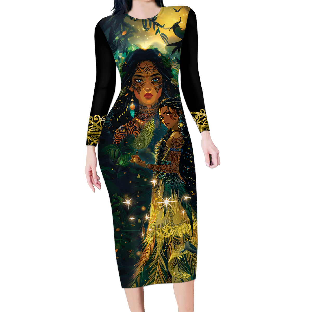 New Zealand Matariki Family Matching Long Sleeve Bodycon Dress and Hawaiian Shirt Rongo Mori Wellbeing and Good Luck LT9 Mom's Dress Art - Polynesian Pride