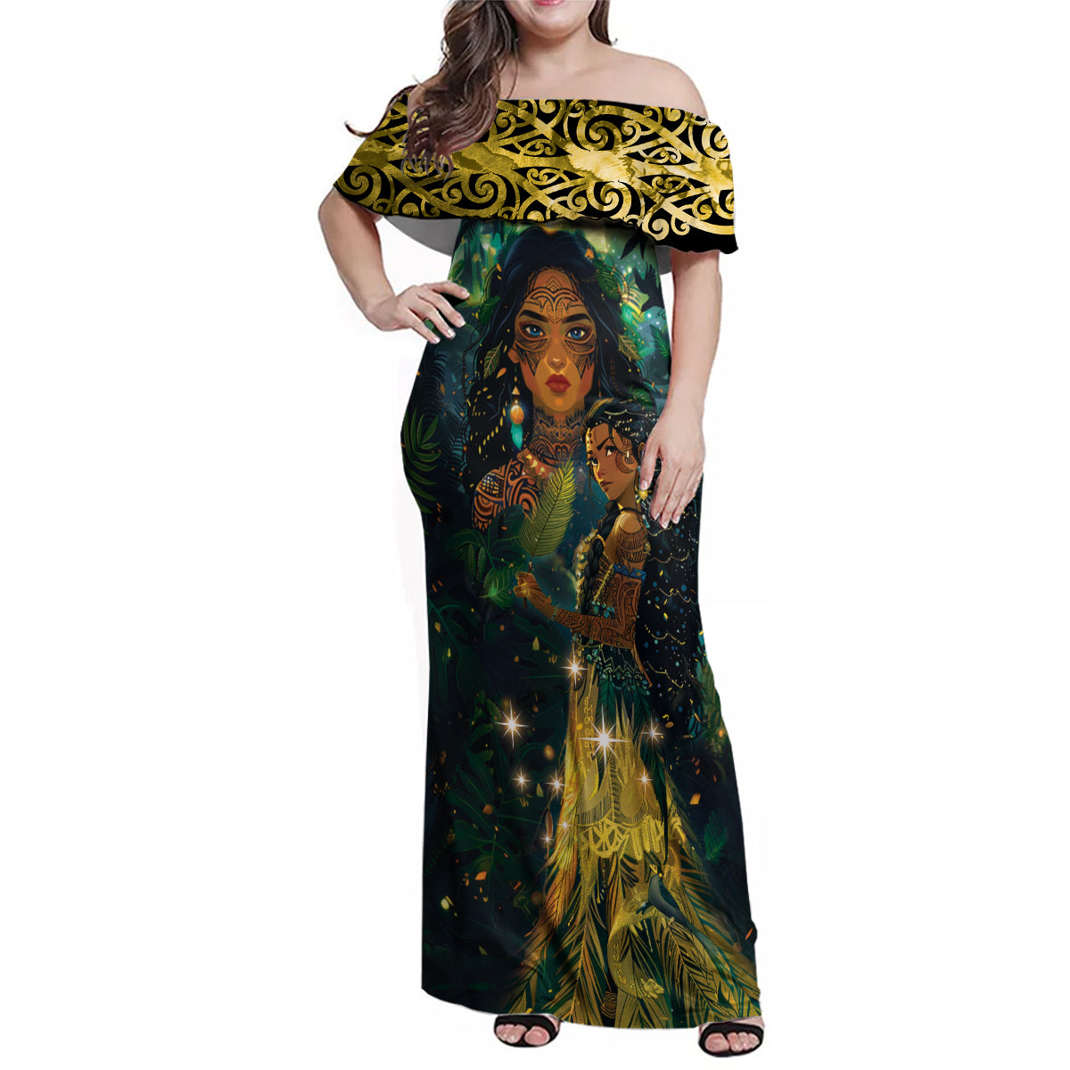 New Zealand Matariki Family Matching Off Shoulder Maxi Dress and Hawaiian Shirt Rongo Mori Wellbeing and Good Luck LT9 Mom's Dress Art - Polynesian Pride