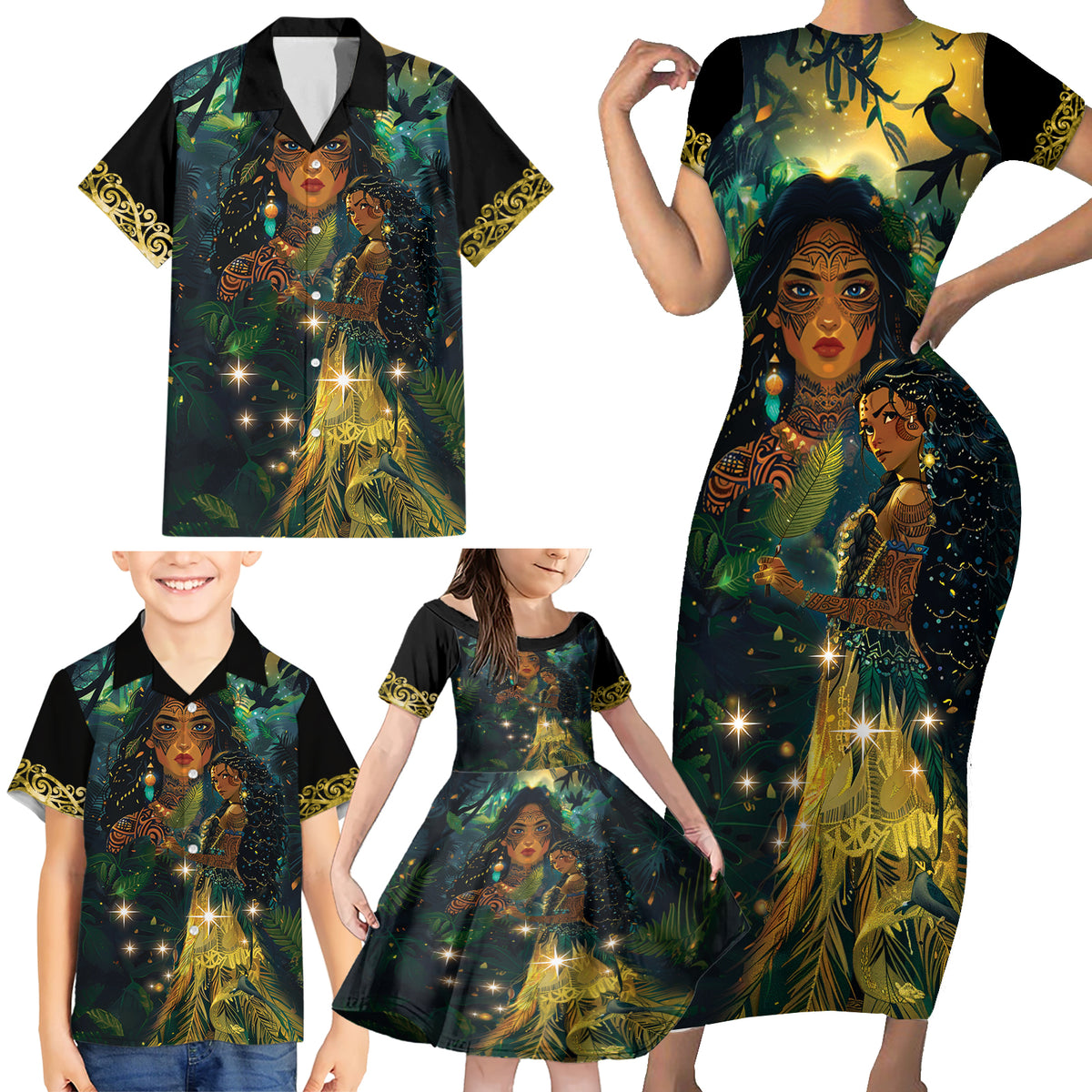 New Zealand Matariki Family Matching Short Sleeve Bodycon Dress and Hawaiian Shirt Rongo Mori Wellbeing and Good Luck LT9 - Polynesian Pride